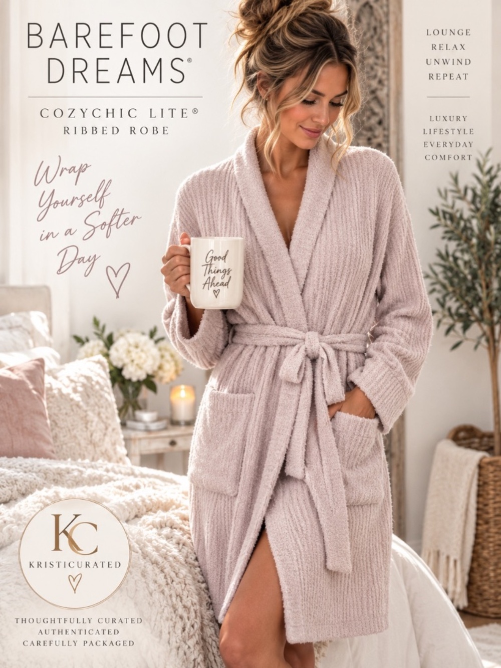 Barefoot Dreams CozyChic Lite Ribbed Robe Faded Rose Pearl S/M Like New